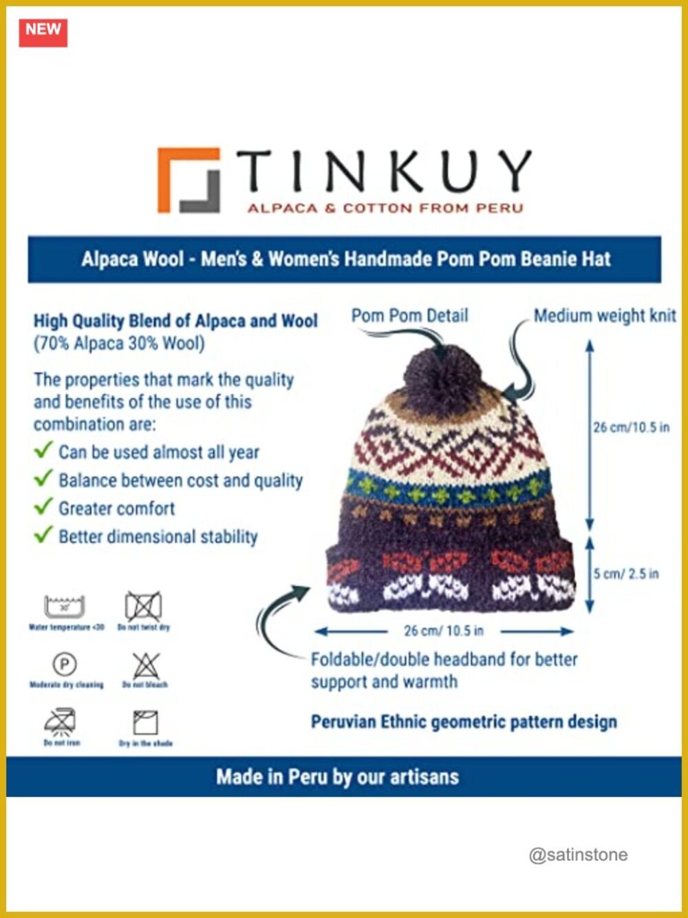 Handmade Alpaca Wool Beanie Bobble Hat Winter Unisex One Size - Picture 3 of 5